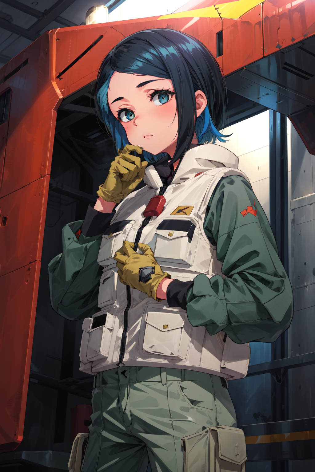 00195-1830323295-masterpiece,best quality,1girl,nika nanaura,green shirt,long sleeves,brown gloves,tan vest,olive pants,hand on own chin,hangar,_.png